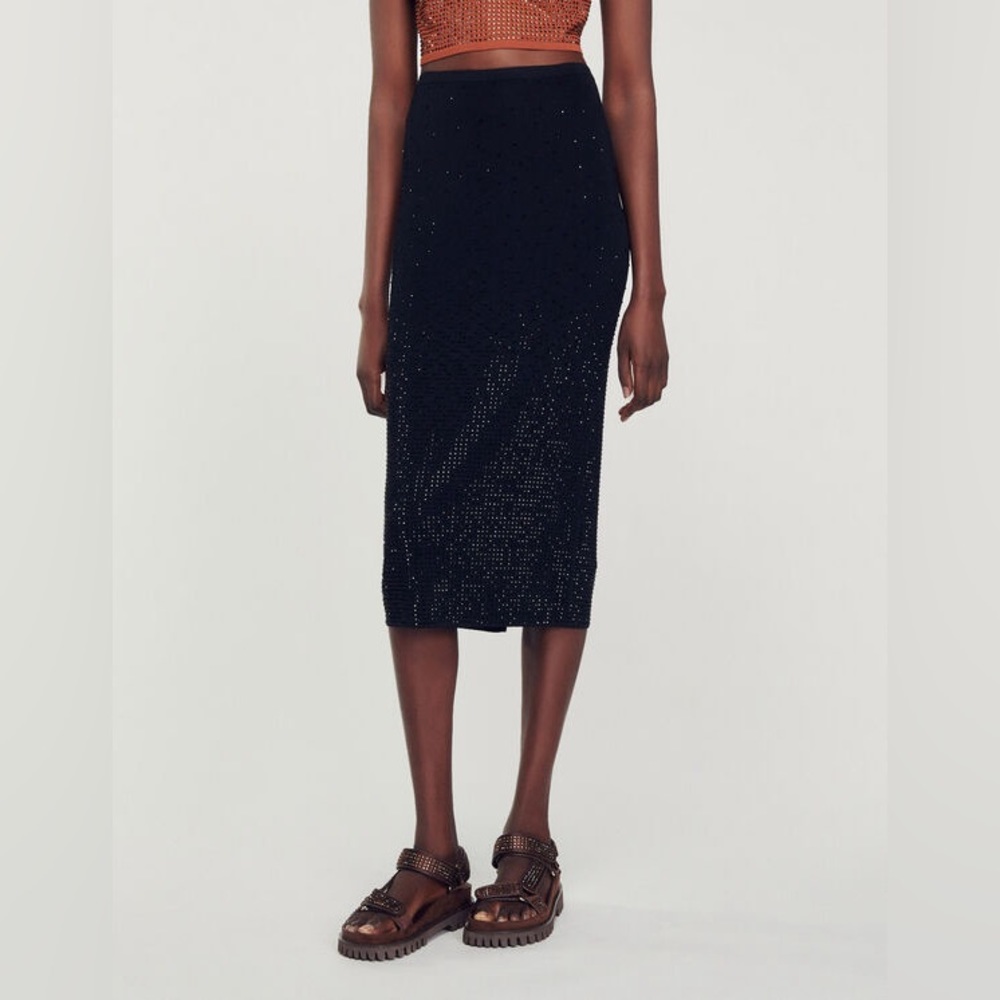 NWT Sandro Manray Black Rhinestone-embellished Midi Skirt—with seam rip - Picture 3 of 11